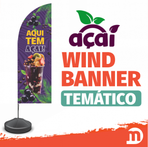 Wind Banner Completo Temático AÇAÍ Tecido TecnoSport 100% Sintético 2,50 x 0,65m Dupla-Face | Impressão Ultra-HD Estrutura de Alumínio Desmontável Modelo FACA Base Redonda Preta / Arte Final Pronta