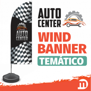 Wind Banner Completo Temático AUTO CENTER Tecido TecnoSport 100% Sintético 2,50 x 0,65m Dupla-Face | Impressão Ultra-HD Estrutura de Alumínio Desmontável Modelo FACA Base Redonda Preta / Arte Final Pronta